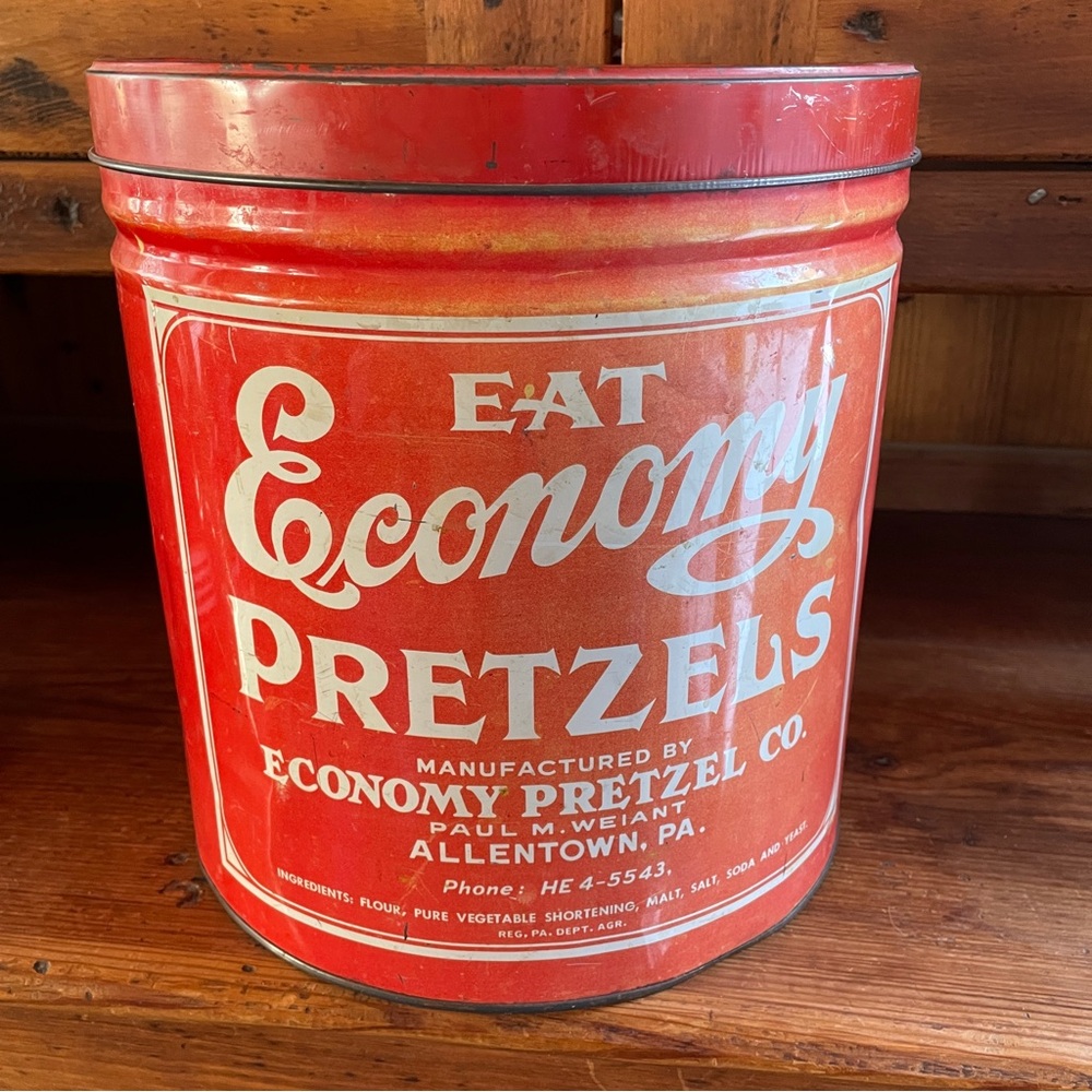 Vintage 1960's Eat Economy Pretzels Red & White Tin Can Allentown PA HE 4-5543